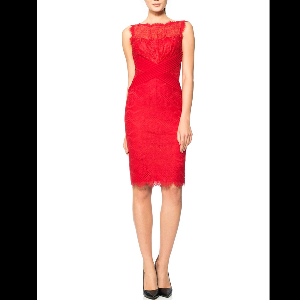 Tadashi Shoji Chantilly Lace Sheath Dress Size 6 Wedding Guest Red Boatneck